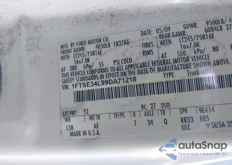 2009 Ford E-350 Super Duty Commercial/Recreational from USA, damaged, VIN 1FTSE34L99DA71218